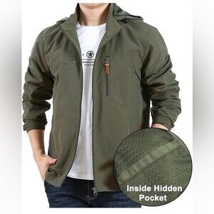 Ruing Men's Olive Green Weather Resistant Outdoor Hooded Jacket Size XL